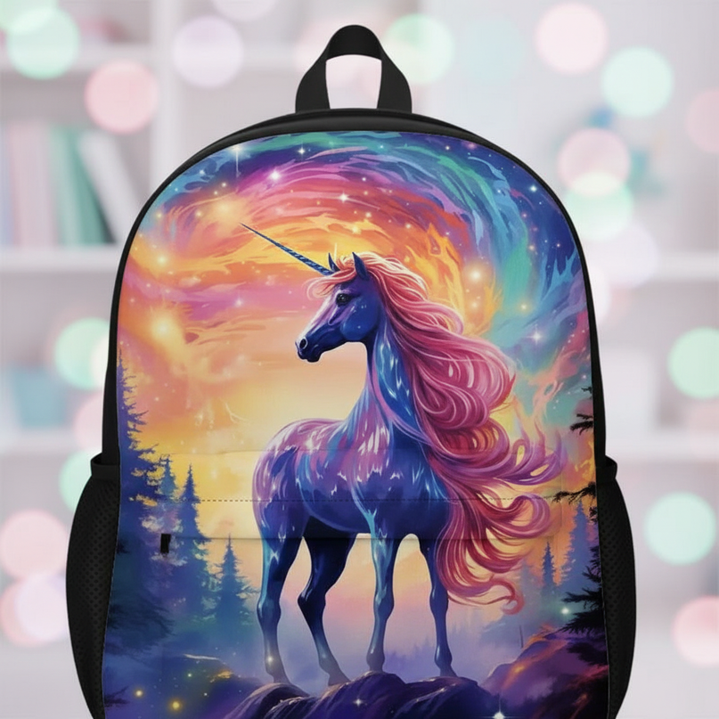 purple unicorn school backpack - detail
