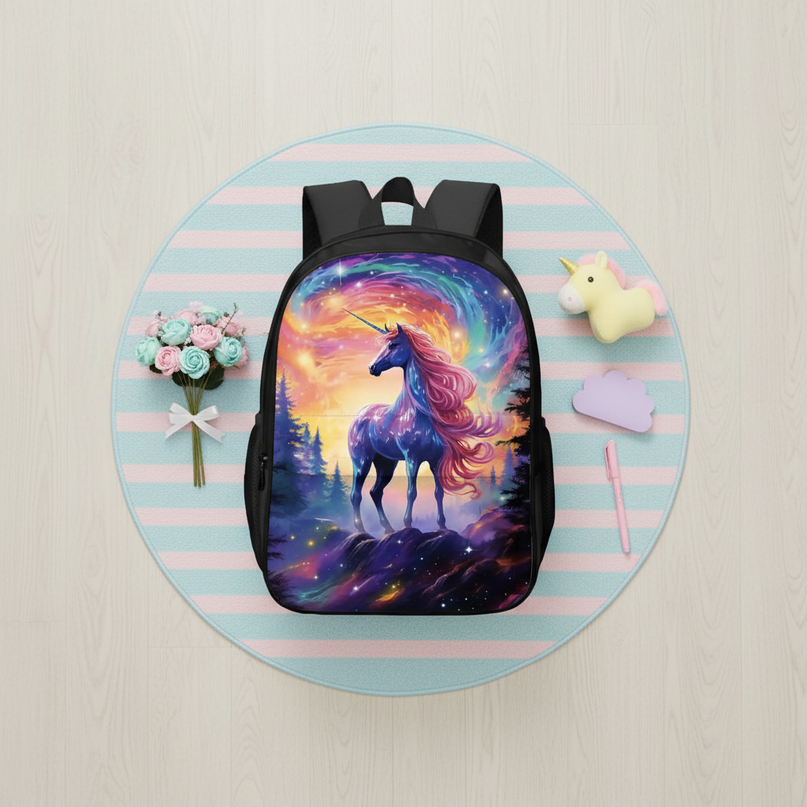 purple unicorn school backpack - flat-lay