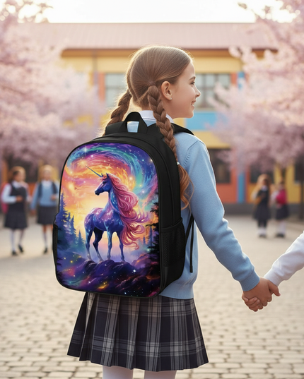 purple unicorn school backpack - in-use