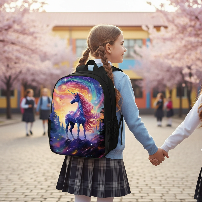 purple unicorn school backpack - in-use