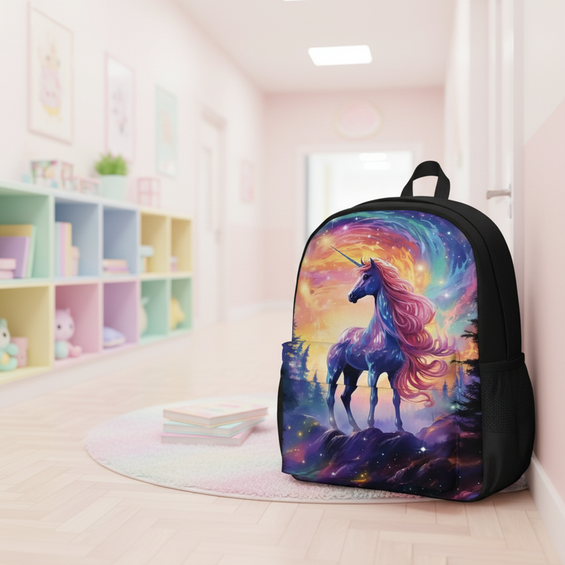 purple unicorn school backpack - lifestyle