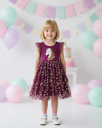 purple unicorn sequin heart dress - detail