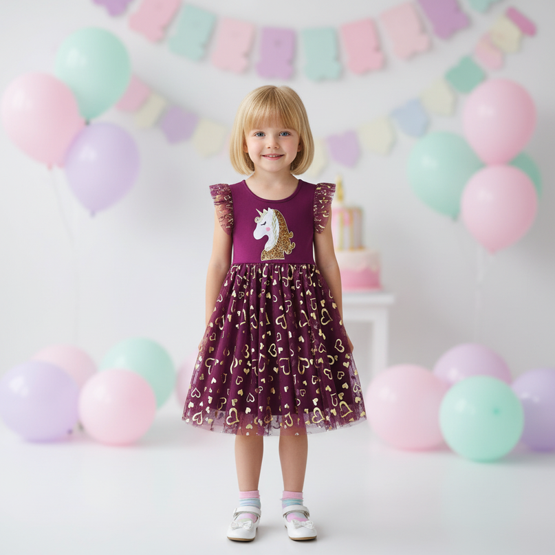 purple unicorn sequin heart dress - detail