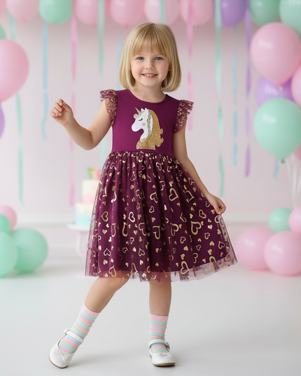 purple unicorn sequin heart dress - front
