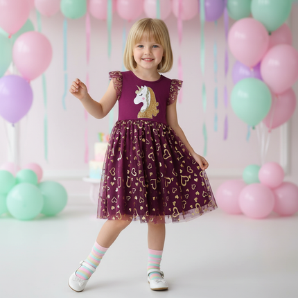 purple unicorn sequin heart dress - front