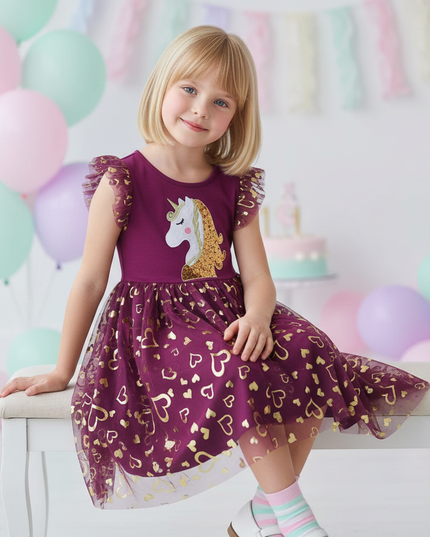 purple unicorn sequin heart dress - sitting