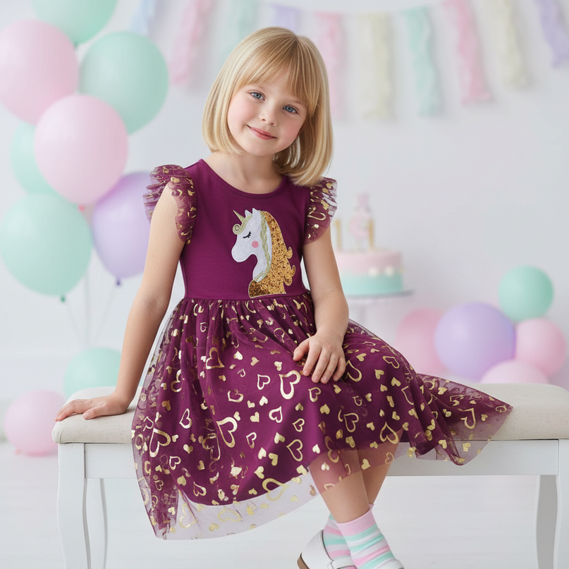 purple unicorn sequin heart dress - sitting