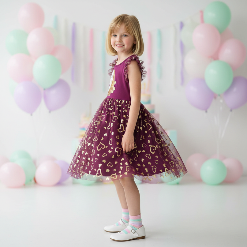 purple unicorn sequin heart dress - three-quarter