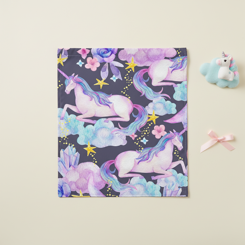 purple unicorn shower curtain - flat-lay