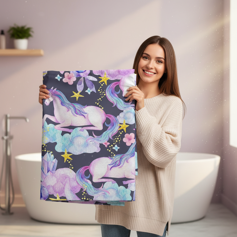 purple unicorn shower curtain - in-use