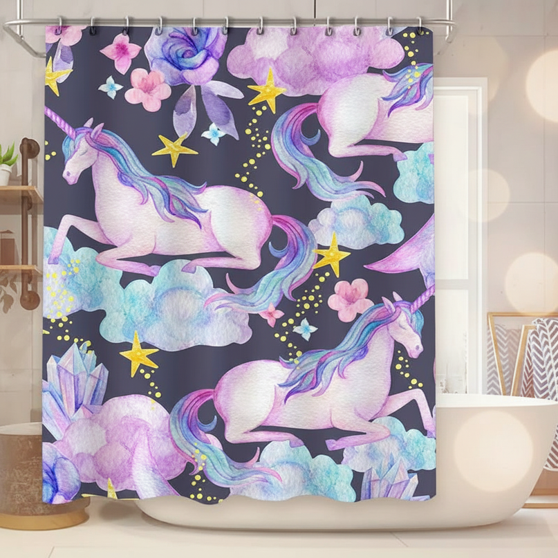 purple unicorn shower curtain - lifestyle