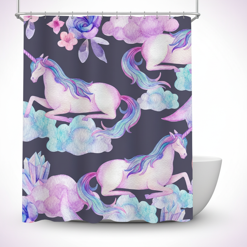 purple unicorn shower curtain - white-bg