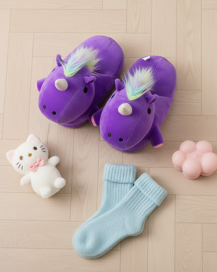 purple unicorn slippers - flat-lay
