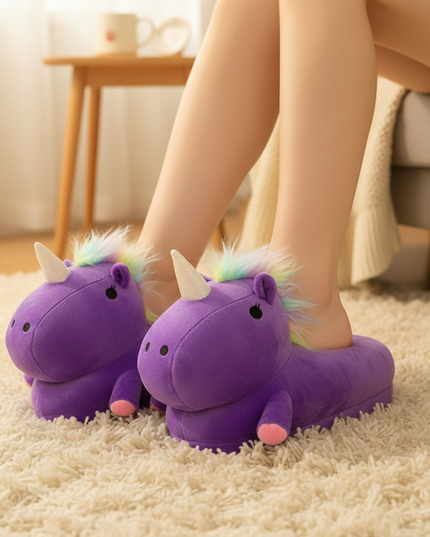 purple unicorn slippers - in-use