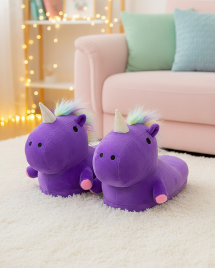 purple unicorn slippers - lifestyle