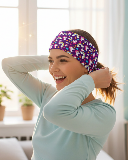 purple unicorn sport headband - in-use