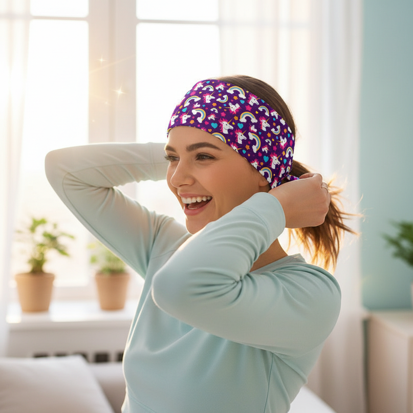 purple unicorn sport headband - in-use