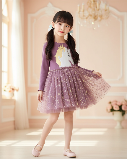 purple unicorn star dress - three-quarter