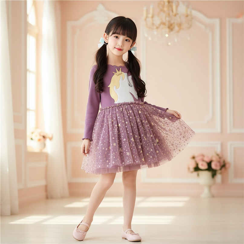purple unicorn star dress - three-quarter