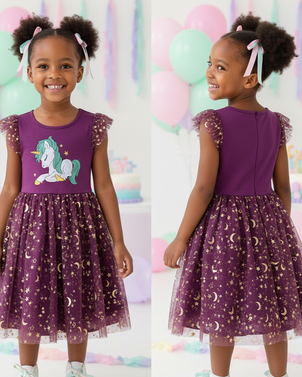 purple unicorn star mesh dress - back