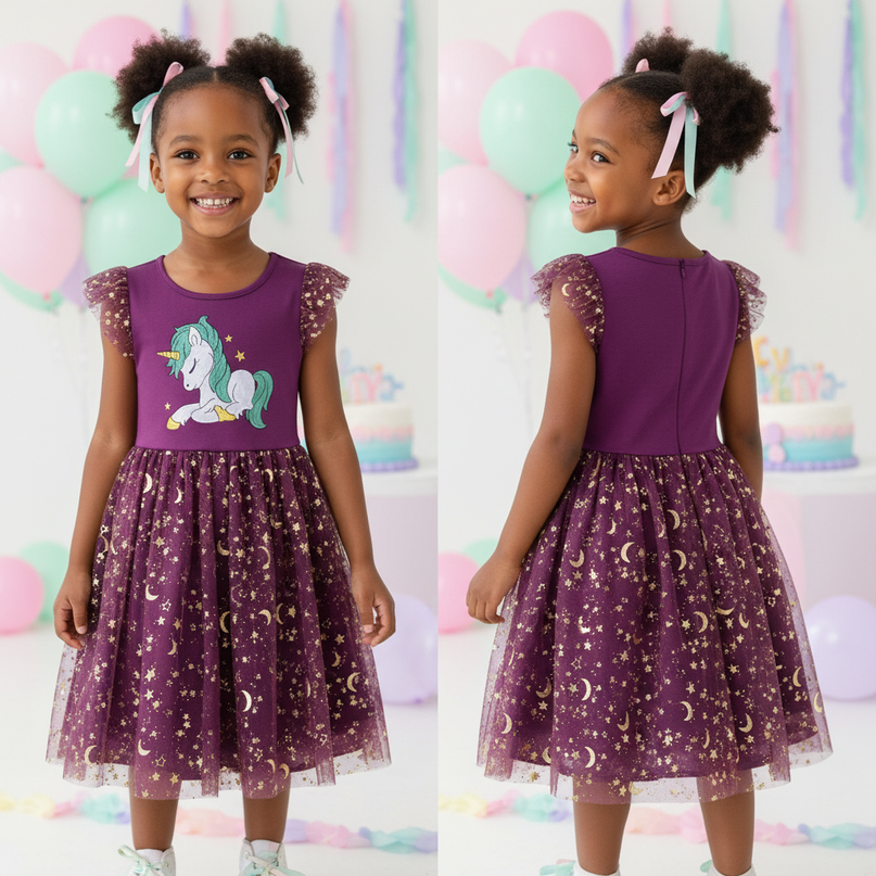purple unicorn star mesh dress - back