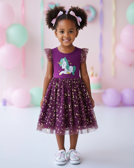 purple unicorn star mesh dress - detail
