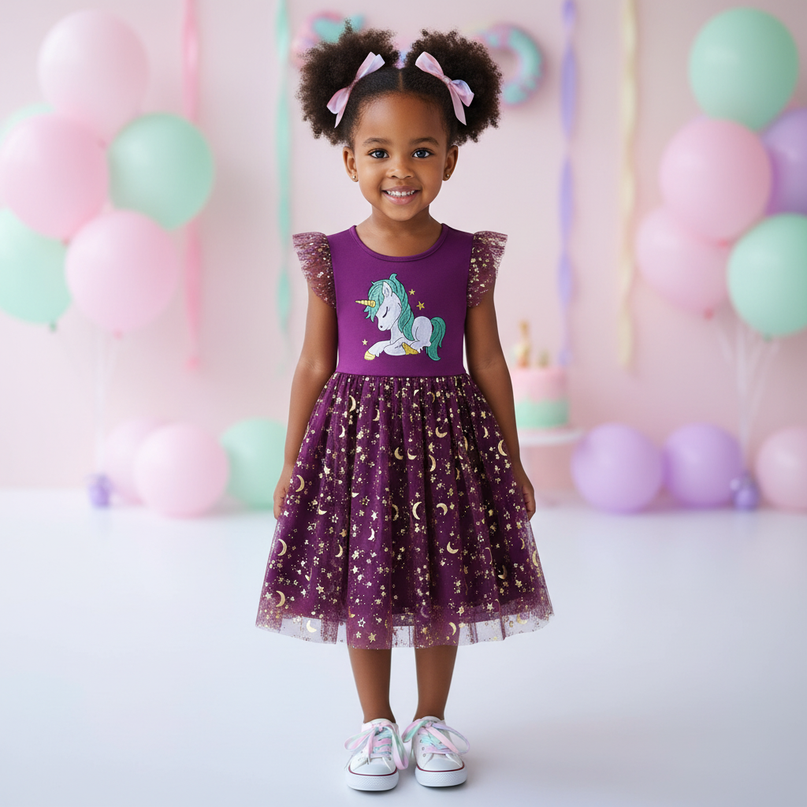 purple unicorn star mesh dress - detail