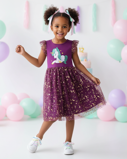 purple unicorn star mesh dress - front