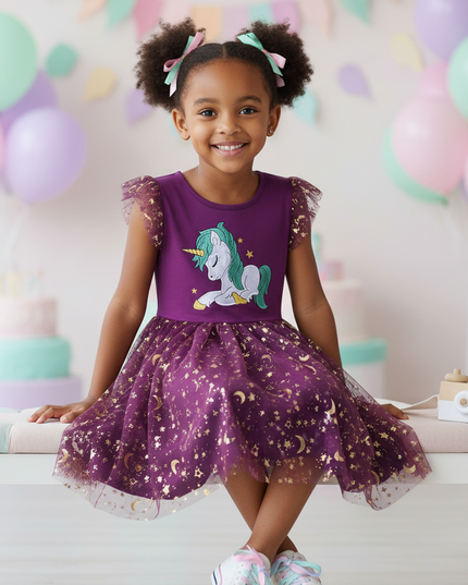 purple unicorn star mesh dress - sitting