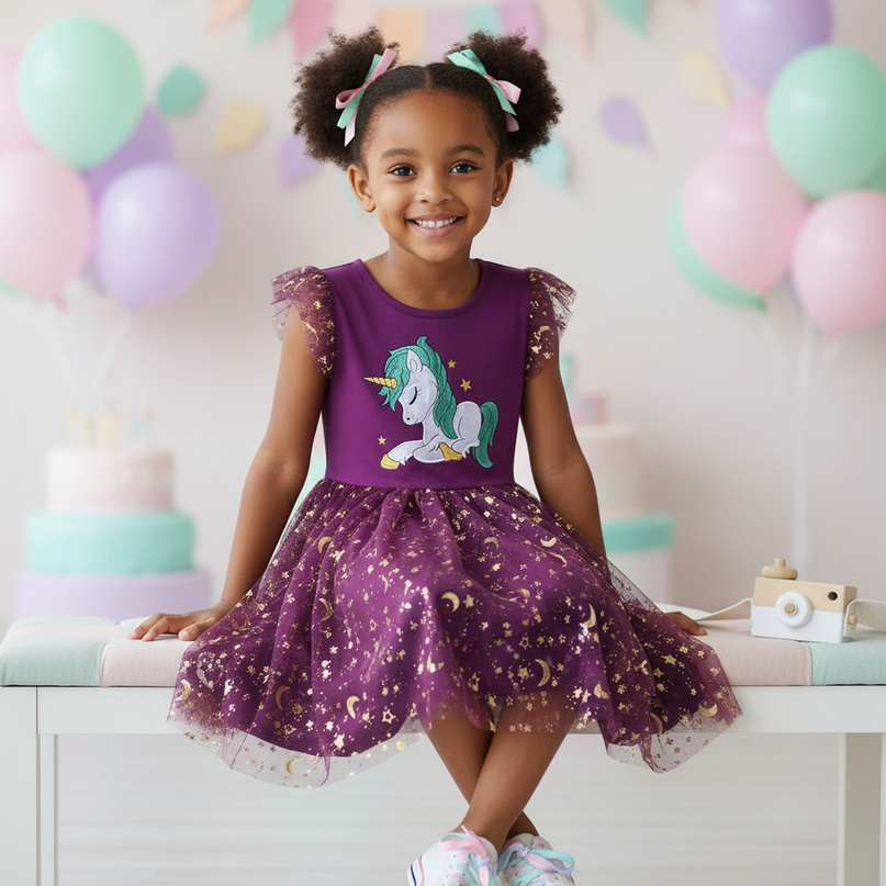 purple unicorn star mesh dress - sitting