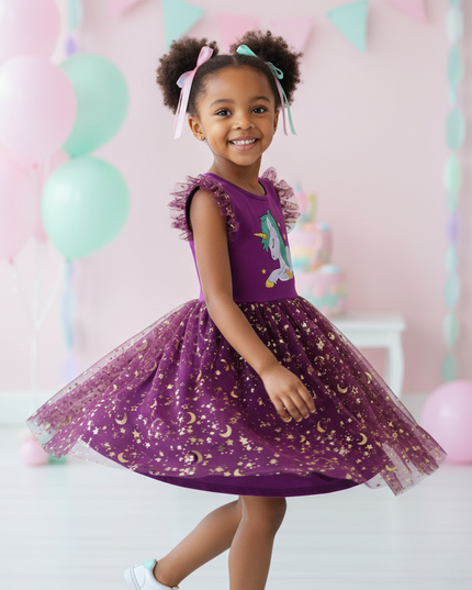 purple unicorn star mesh dress - three-quarter