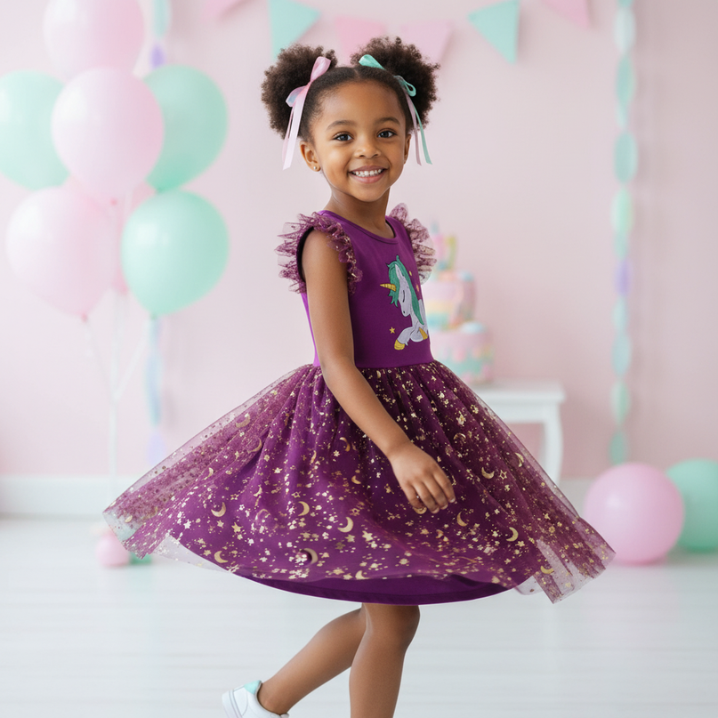 purple unicorn star mesh dress - three-quarter