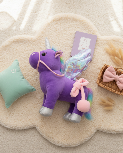 purple unicorn stuffed animal - flat-lay
