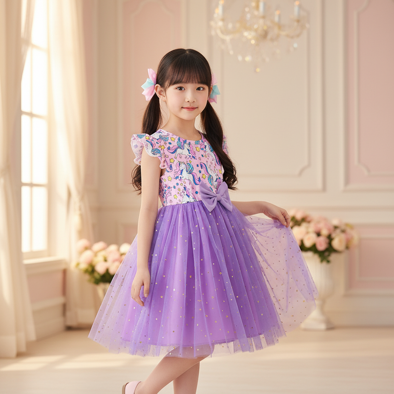 purple unicorn tutu star dress - three-quarter