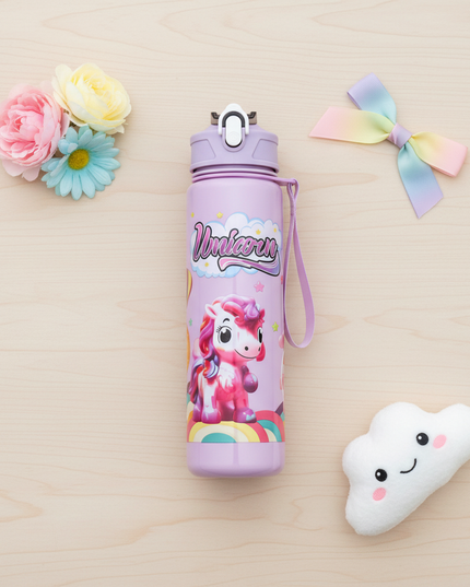 purple unicorn water bottle - flat-lay