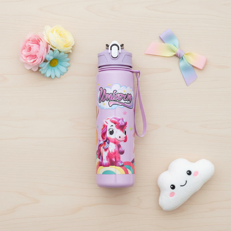 purple unicorn water bottle - flat-lay