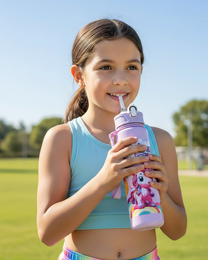 purple unicorn water bottle - in-use