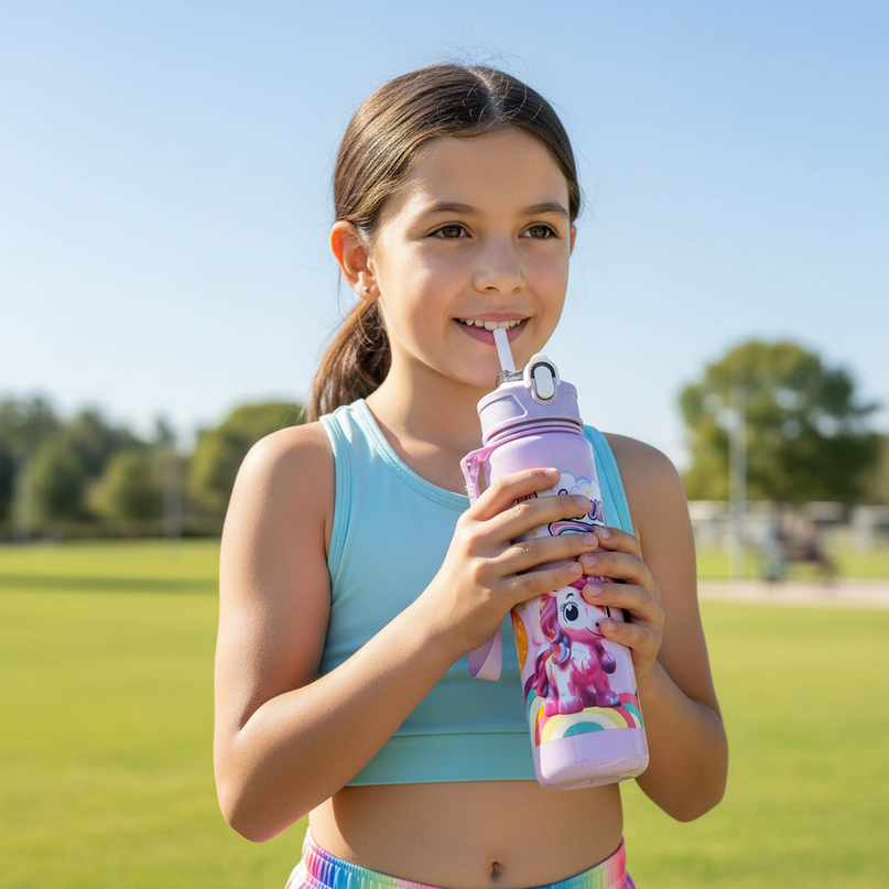 purple unicorn water bottle - in-use