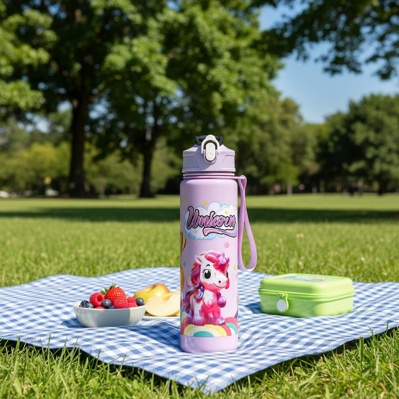 purple unicorn water bottle - lifestyle