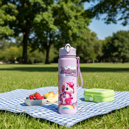 purple unicorn water bottle - lifestyle