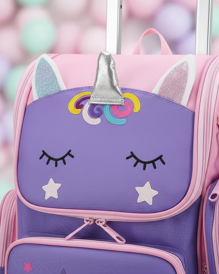 purple unicorn wheeled school backpack - detail