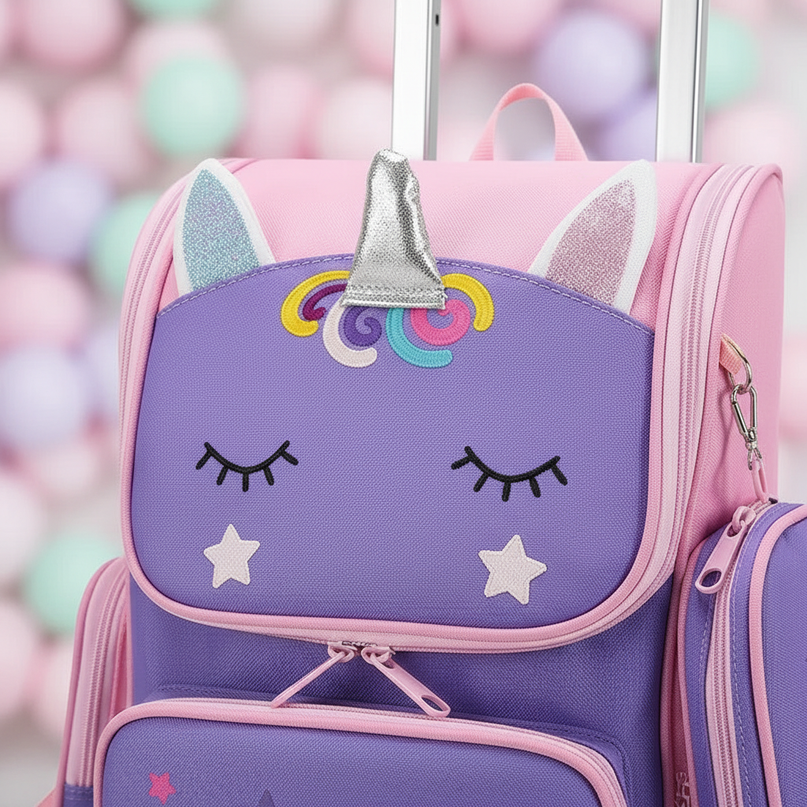 purple unicorn wheeled school backpack - detail