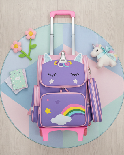 purple unicorn wheeled school backpack - flat-lay