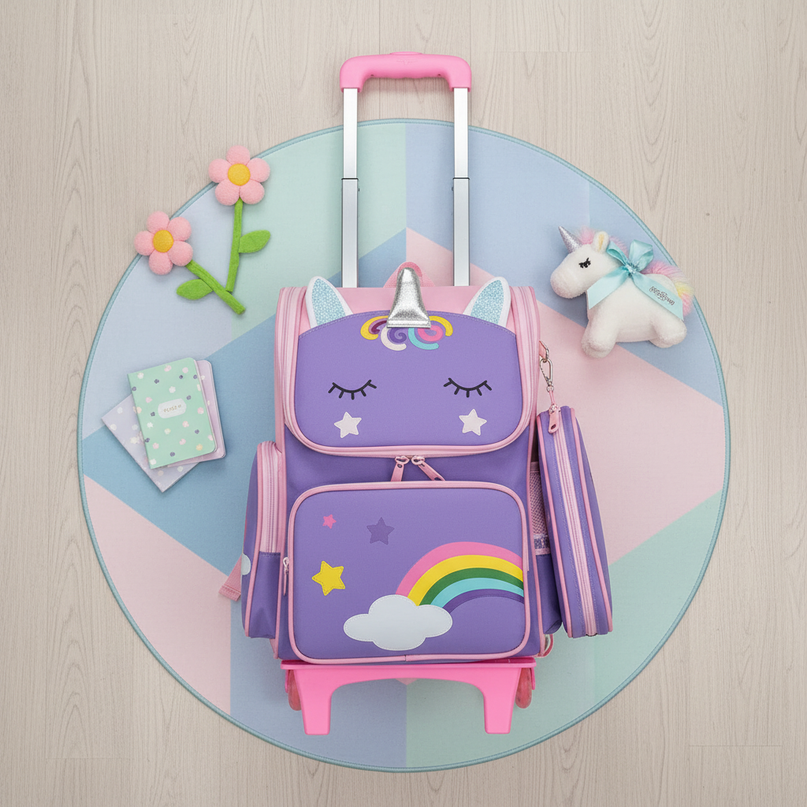 purple unicorn wheeled school backpack - flat-lay