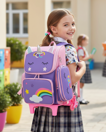 purple unicorn wheeled school backpack - in-use