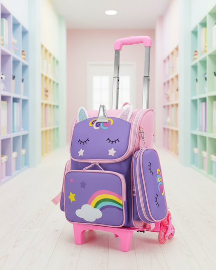 purple unicorn wheeled school backpack - lifestyle