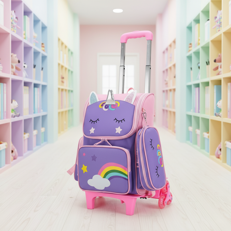 purple unicorn wheeled school backpack - lifestyle