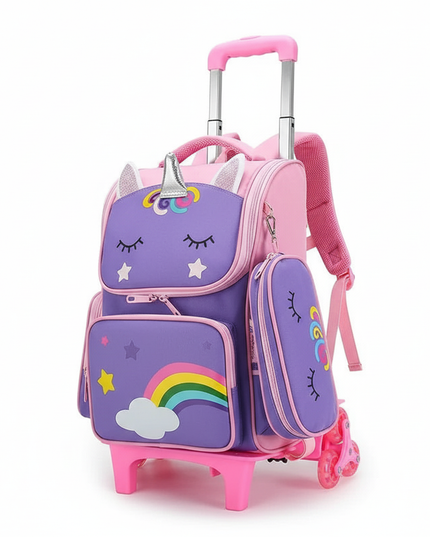 purple unicorn wheeled school backpack - white-bg