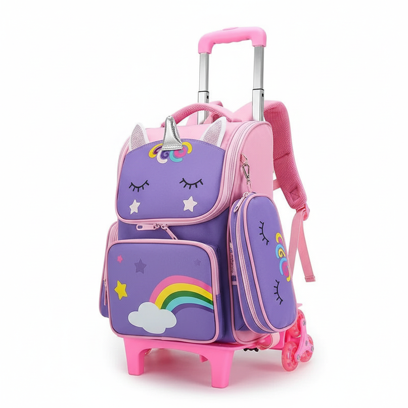 purple unicorn wheeled school backpack - white-bg