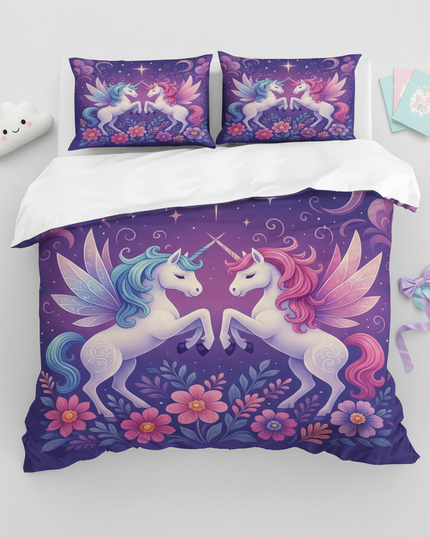 purple winged unicorn bedding - flat-lay